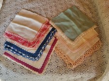6 Vtg. Ladies Cotton Hankies W/ Crocheted Edging.