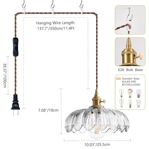 Plug in Pendant Light Fixtures, Plug in Hanging Light Glass Pendant Brown - Bild 4 von 7