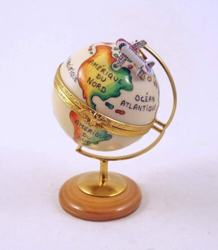 New French Limoges Trinket Box Amazing World Globe with Removable Airplane