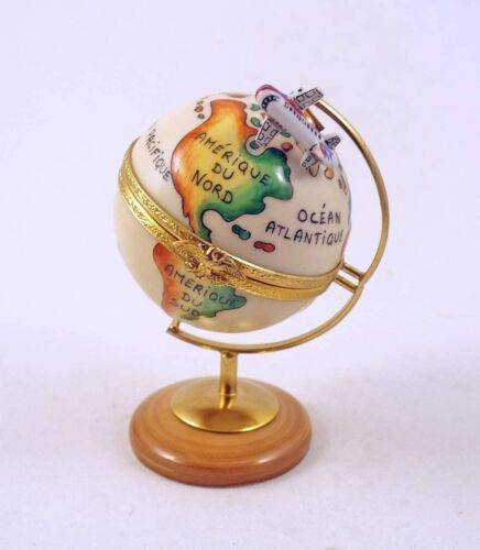 New French Limoges Trinket Box Amazing World Globe with Removable Airplane  - Picture 1 of 6