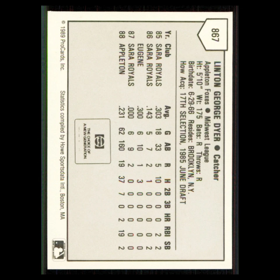 Linton Dyer #867 1989 ProCards Minor League Team Sets Appleton Foxes Baseball NM - Image 2 of 3
