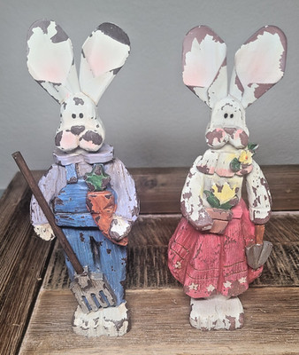 Farmer Rabbit Spring Garden Easter Rustic Wood Farm House Figurines Metal Ears