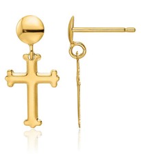 14K Solid Yellow Gold Cross Dangle Earrings