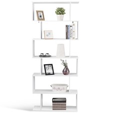 6 Tier S-Shaped Bookcase Modern Storage Display Z-Shelf Style Bookshelf White
