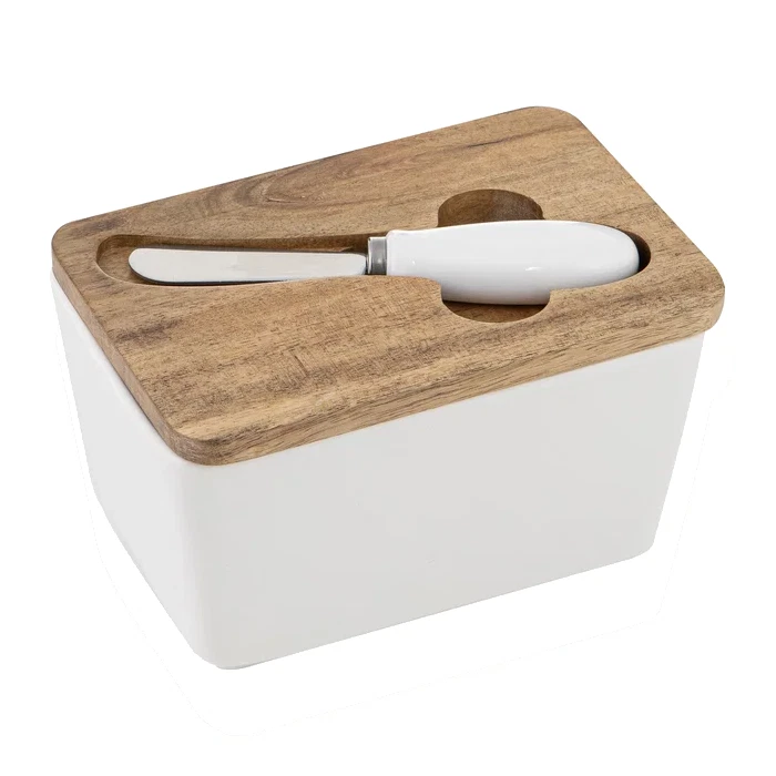 Ladelle Alto Serve Share Butter Dish with Spreader Ceramic Wood Lid
