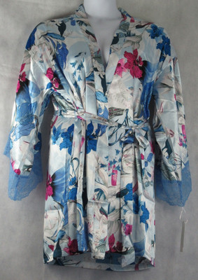 Linea Donatella Women's Lace-Trim Satin Short Robe, Floral Multi, L/XL