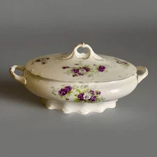 Antique K.T.&K. Co. Semi-Vitreous Porcelain Covered Vegetable Dish Violet Floral