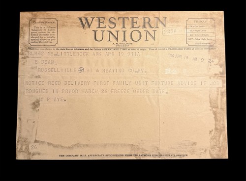 1946 Western Union Telegram Russellville Arkansas & Heating Co