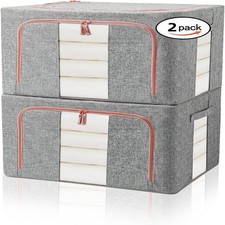 2-4X 66L Folding Storage Box Made of Thick Fabric&Steel Frame Wardrobe Organizer