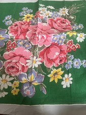 Vintage Green Hankie Pink Roses Blue Violets Bouquet VGC   