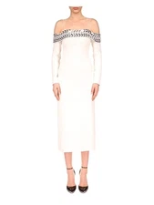 DAVID KOMA Womens White Lined Long Sleeve Midi Cocktail Sheath Dress 10