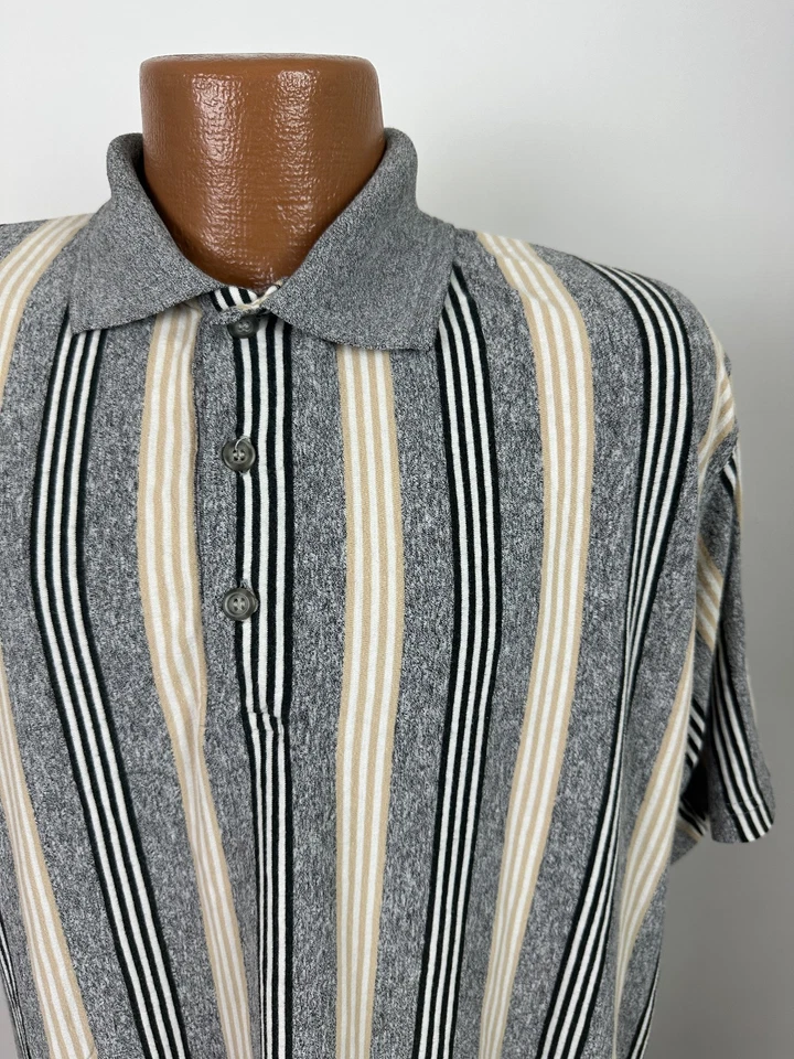Винтажная рубашка-поло 90-х в полоску мужская XL черная бежевая вересковый серый натуральный выпуск - Изображение 2 из 4