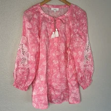 NEW Charter Club Linen Pink Top Butterfly Crochet Cutout Summer Vacation Tassels