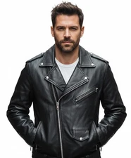 Mens Leather Jacket Genuine Buffalo Skin Black Biker [USA duty paid]