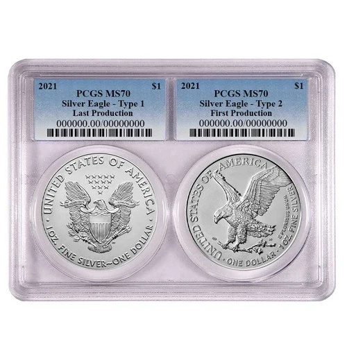 2021 $1 Type 1, Type 2 Silver Eagle Set PCGS MS70 First and Last Production