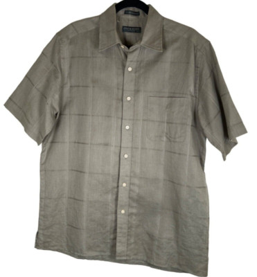 Lyle & Scott Scotland Mens Size M Short Sleeve Shirt Tan Linen Cotton Windowpane