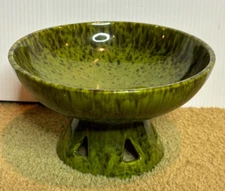 Vintage 60s 70s Haeger USA Pottery Olive Green Pedestal Candy Dish Compote Bowl