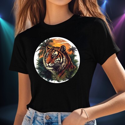 Frauen T-Shirt Bengalischer Tiger mit Palmen Motiv Baumwolle Größe S bis 3XL