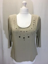 M&Co Brand Women's Top UK 18 Beige 84% Viscose Patterned 3/4 Sleeves Scoop Neck