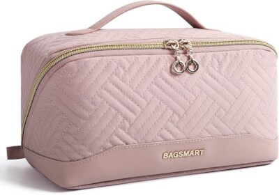 BAGSMART Travel Makeup Bag - Water-Resistant Portable Cosmetic Pouch, Flat Open 