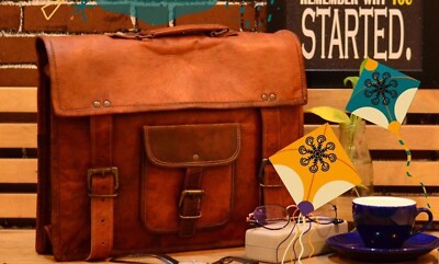 22'' Men Leather Laptop Bag Briefcase Vintage DARK Brown Messenger Shoulder