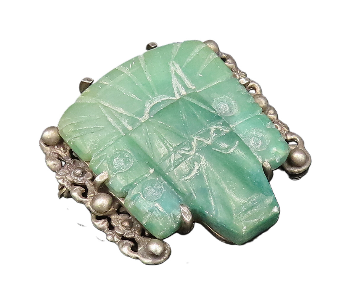 925 Silver Vintage Carved Jade & Beaded Aztec Warrior Head Brooch