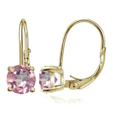 Yellow Gold Flashed 925 Silver Light Pink Topaz 6mm Round Leverback Earrings