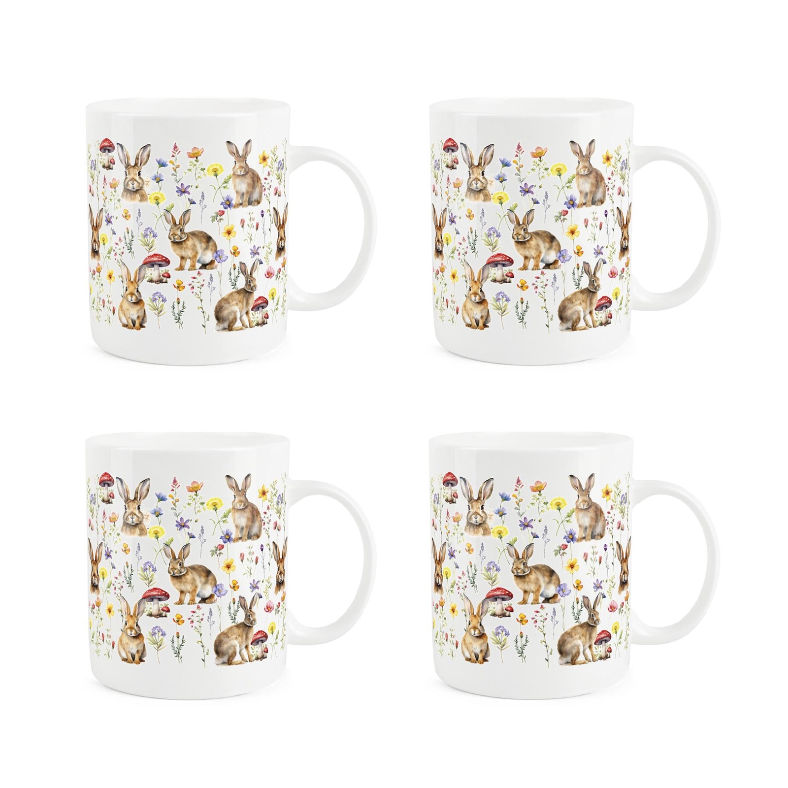 Bunny Rabbit Mugs - Wild Meadow Countryside Gift - Bone China Mugs Set of 4