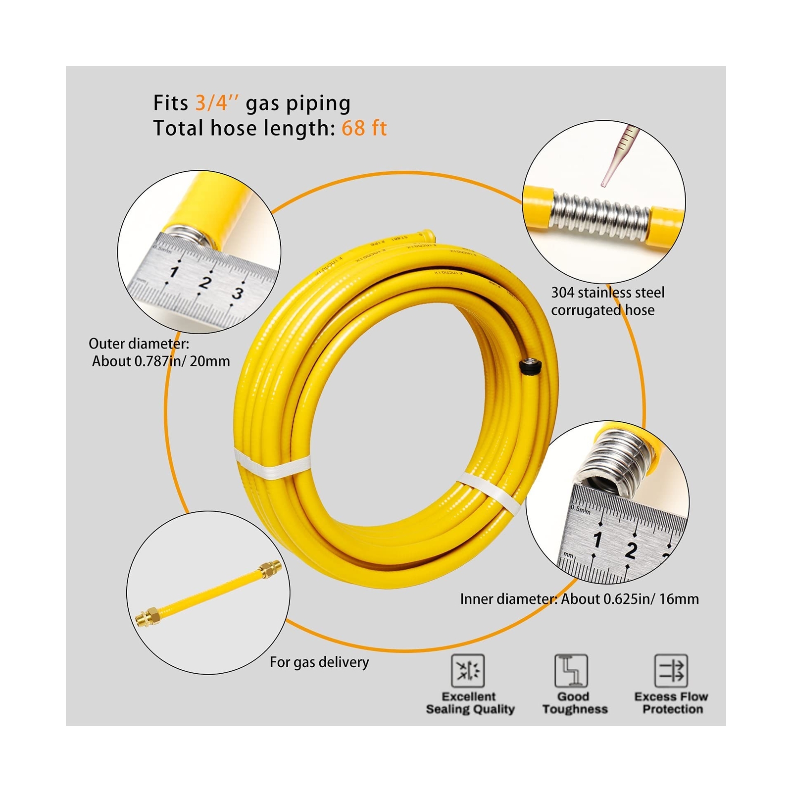 Kinchoix 70ft 3/4'' Gas Line CSST Flexible Stainless Steel Tubing Pipe