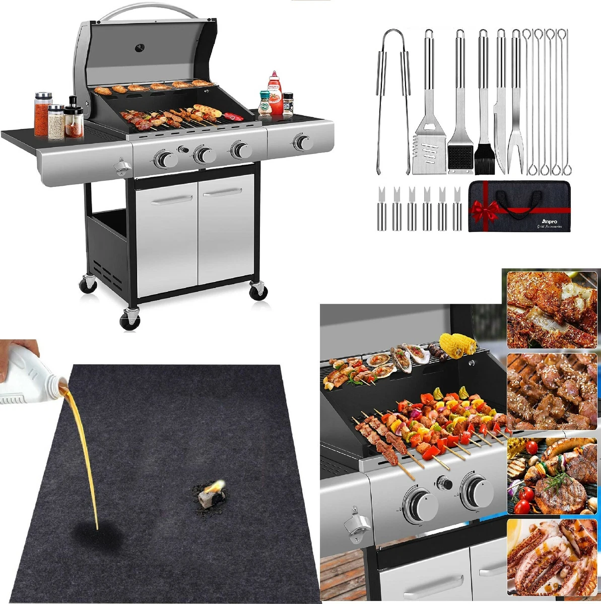 Large Propane Gas Grill 3-Burner with Grill Mats and Accessories