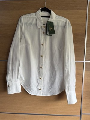 Holland Cooper 8 White Classic Shirt Long Sleeve Linen Blend Gold Button New F6