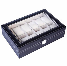 12 Slot Watch Box Black Leather Display Case Glass Top Organizer Men Jewelry
