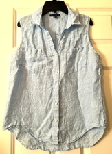 Saks Fifth Avenue 100% Linen Button-up Blue Hi-LO Blouse Top Women's Size Medium