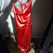 Red Satin Cowl Neck Backless Long Slip Dress Strappy Sleeveless Size S