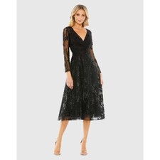 Mac Duggal Black Embroidered Floral Sequin V-Neck Long Sleeve Midi Dress 4 NWT