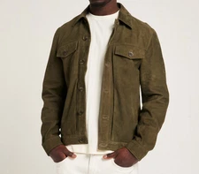 Men's Suede Genuine Leather Jacket Khaki Vintage Classic Style Premium Jacket