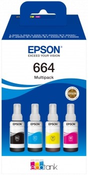Epson 664 lot de 4 bouteilles d'encre d'origine C13T664640 solution anti-bouchage pour buse EcoTank