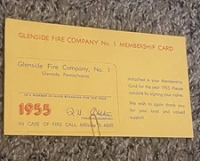 Vintage 1955 Glenside Fire Company No. 1 Membership Card Pennsylvania NOS