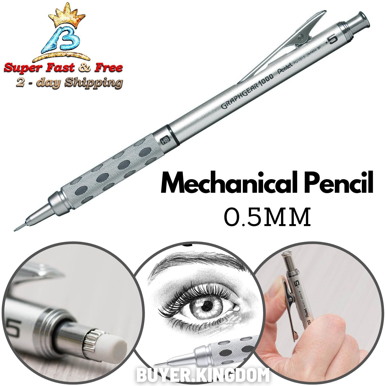 Mechanical Lead Pencil With Eraser Cap Metal Body Drafting Drawing Sketching Pen