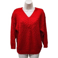 VTG  BELDOCH POPPER L Solid Red V-Neck 3/4 Sleeve Chunky Pullover Sweater   VG  