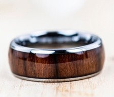 Domed Koa Wood Tungsten Ring High Polished Edges Mens Tungsten Wedding Band