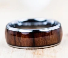 Domed Koa Wood Tungsten Ring High Polished Edges Mens Tungsten Wedding Band