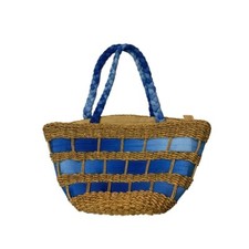 Cappelli Ombre Blue Ribbon Straw Bag Zip Top Braided Strap Tote Hand Bag