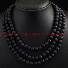 Charming 3 Strand 6/8/10mm Black Lava Round Shape Beaded Necklace 18-20''