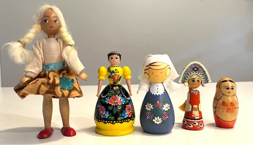 VINTAGE LOT of 5 WOODEN HAND PAINTED EUROPEAN DOLLS-POLAND/SWEDEN/HUNGARY/RUSSIA