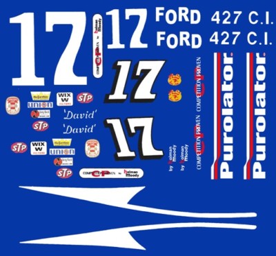 #17 David Pearson Purolator Ford 69 1/64th HO Scale Slot Car Decals