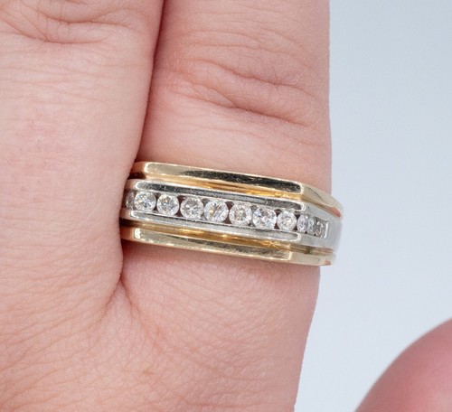 10KT Yellow Gold Men's 2-Tone .61cttw Natural Diamond Channel Set Wedding Band - Picture 11 of 14
