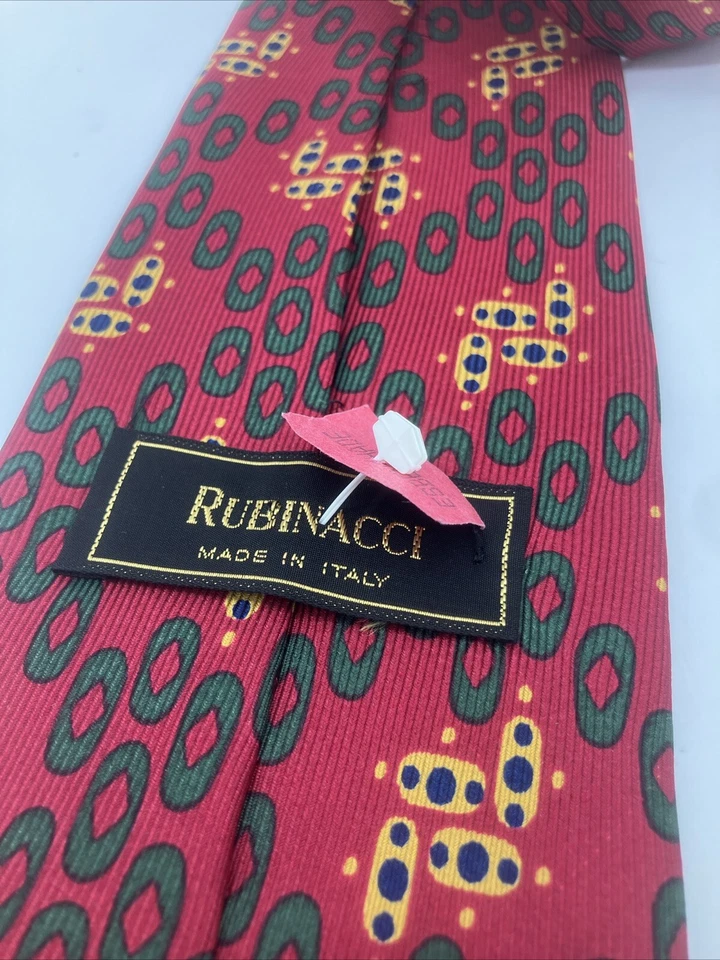 "Corbata de seda Rubinacci hecha en Italia geométrica rojo oscuro verde 59 x 3,75""" Foto 3 de 4
