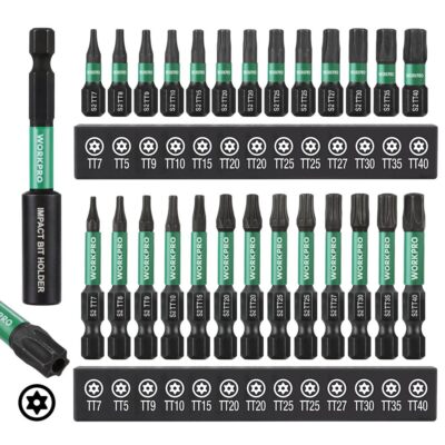 WORKPRO 27PC Impact Torx Bit Set (TT7-TT40) 1/4'' Hex-Shank W/1''&2'' Long Star Bit