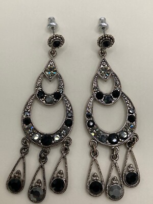Australian Crystal Rhinestone Black & Silver Tiered Chandelier Post Earrings